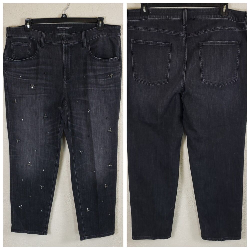 Chico's Women's Size 3R Black Boyfriend Ankle Jeans Embroider
